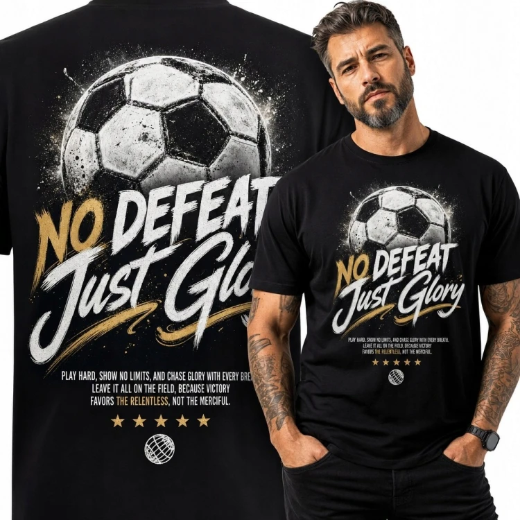 Koszulka męska z piłką nożną i napisem „No Defeat Just Glory” - motyw zwycięstwa