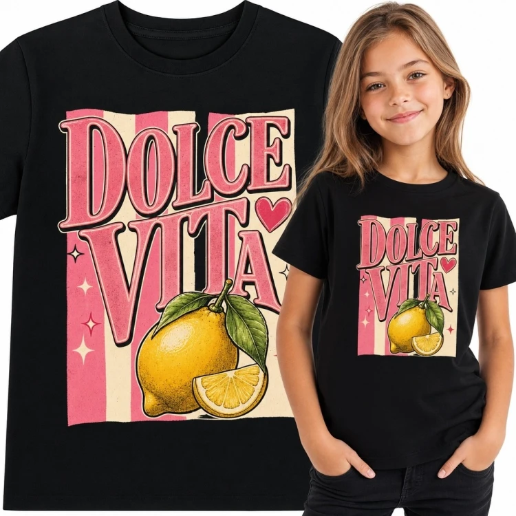 Koszulka dziewczęca z cytryną i napisem „Dolce Vita” - styl retro