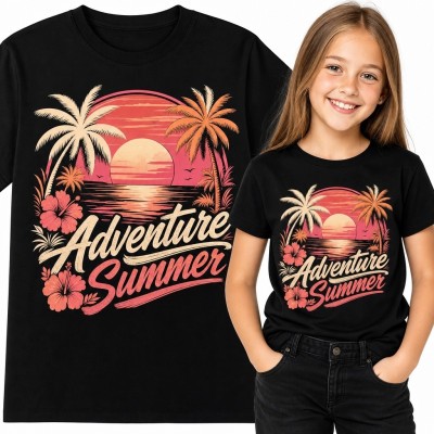 Koszulka dziewczęca z tropikalnym zachodem słońca „Adventure Summer” - wakacyjny wzór retro