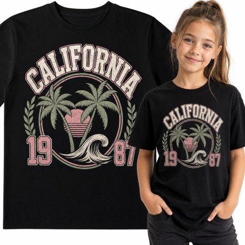 Koszulka dziewczęca „California 1987” - retro surf z palmami i falą