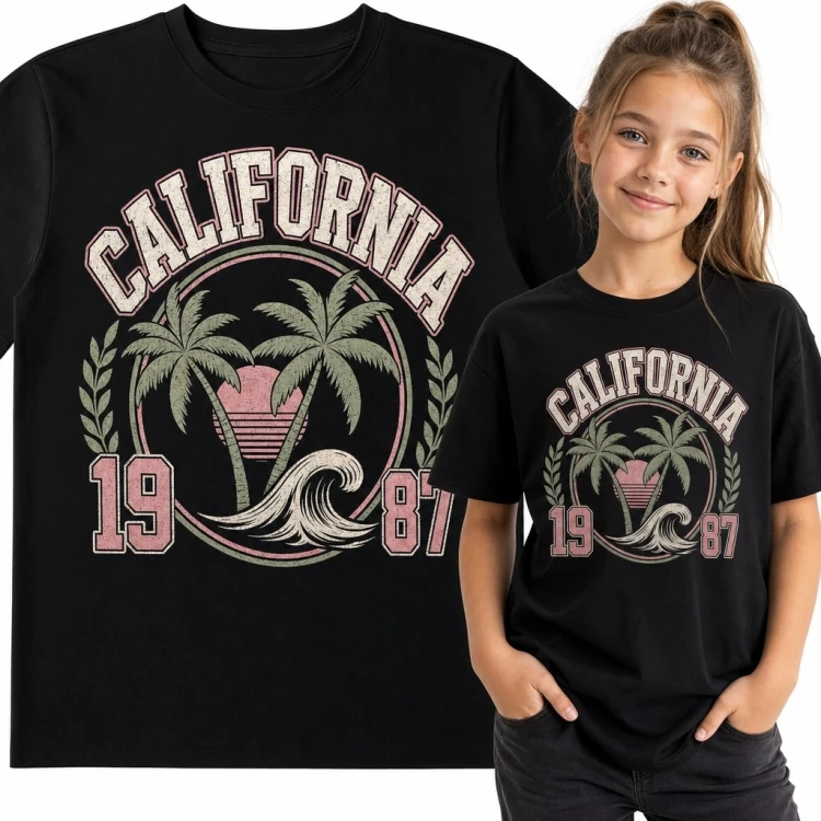 Koszulka dziewczęca „California 1987” - retro surf z palmami i falą
