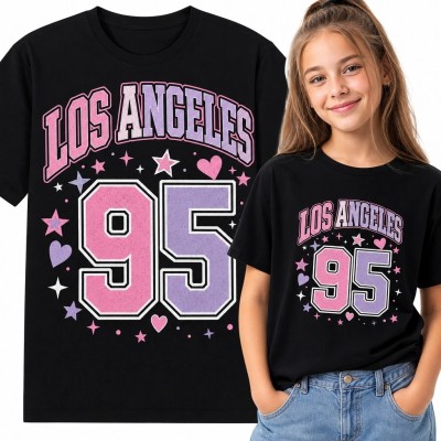 Koszulka dziewczęca z miejskim nadrukiem „Los Angeles 95” - sportowy styl collegiate