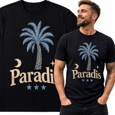 Koszulka męska z palmą i napisem „Paradis” - tropikalny motyw retro