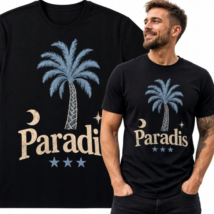 Koszulka męska z palmą i napisem „Paradis” - tropikalny motyw retro