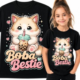 Koszulka dziewczęca z kotkiem pijącym bubble tea „Boba Bestie” - pastelowy wzór kawaii