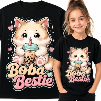 Koszulka dziewczęca z kotkiem pijącym bubble tea „Boba Bestie” - pastelowy wzór kawaii