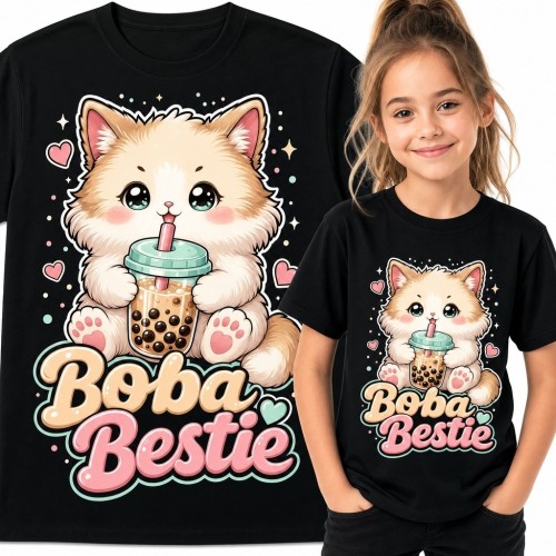 Koszulka dziewczęca z kotkiem pijącym bubble tea „Boba Bestie” - pastelowy wzór kawaii
