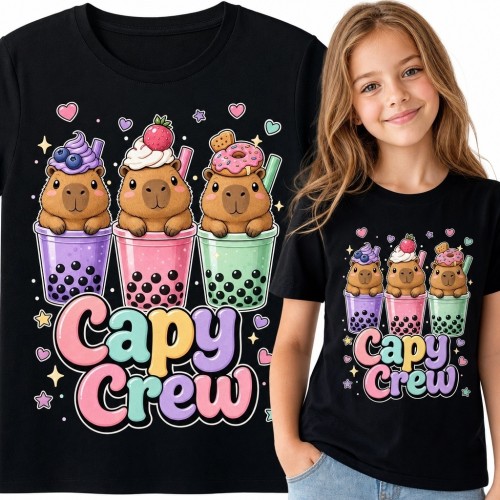 Koszulka dziewczęca z kapibarami i bubble tea „Capy Crew” - kawaii