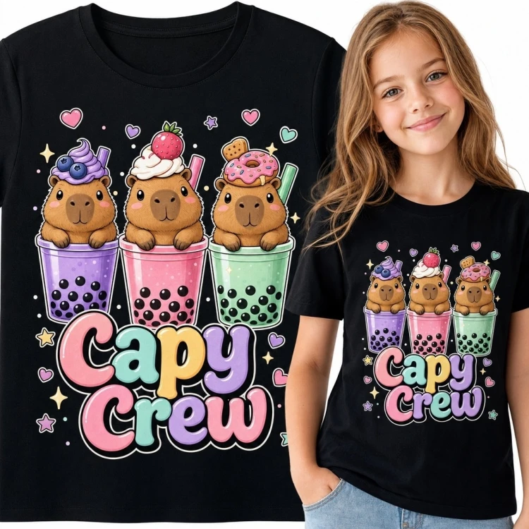Koszulka dziewczęca z kapibarami i bubble tea „Capy Crew” - kawaii