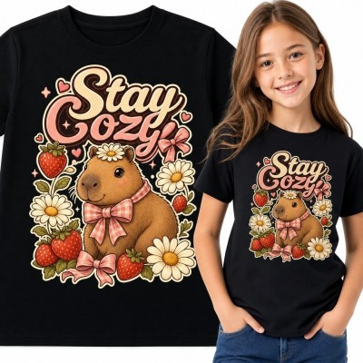 Koszulka dziewczęca z kapibarą i napisem „Stay Cozy” - truskawki i stokrotki