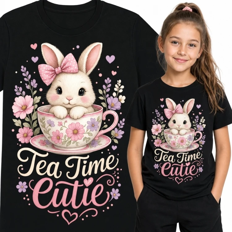 Koszulka dziewczęca z króliczkiem w filiżance „Tea Time Cutie” - pastelowy motyw herbaciany