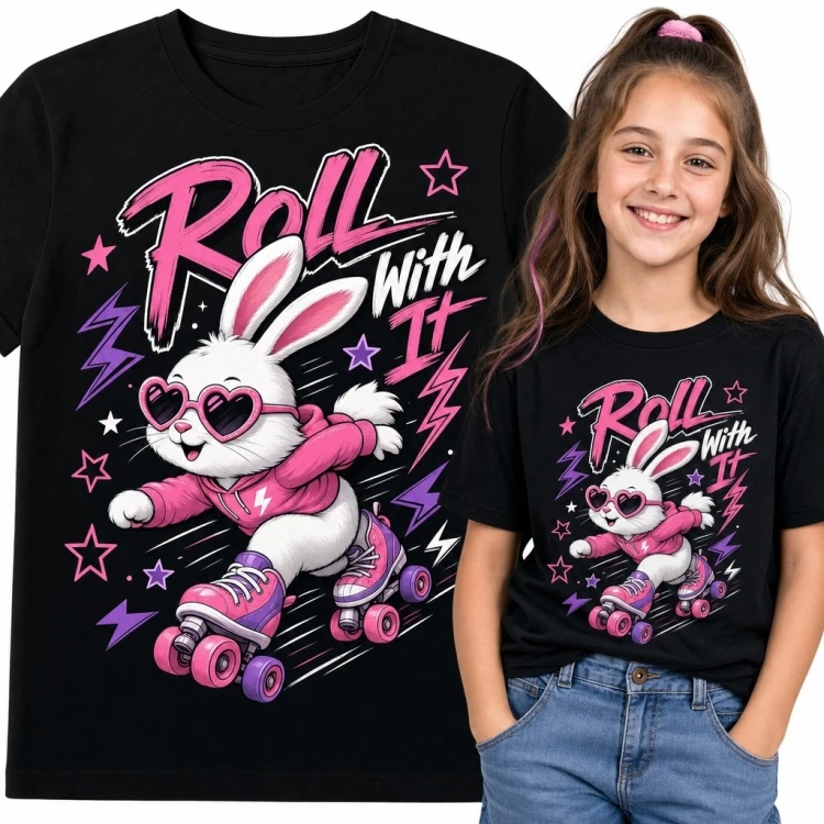 Koszulka dziewczęca z królikiem na wrotkach „Roll With It” - komiksowy nadruk