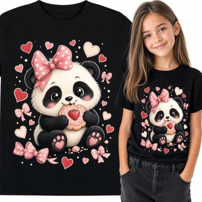 Koszulka dziewczęca z pandą kawaii, różową kokardą i pączkiem