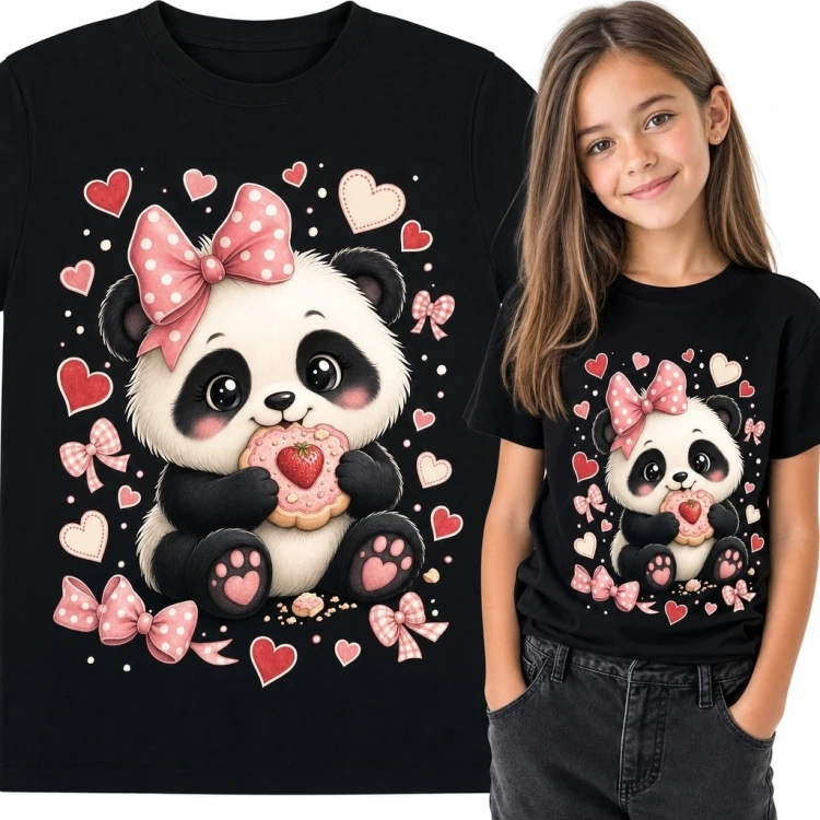 Koszulka dziewczęca z pandą kawaii, różową kokardą i pączkiem
