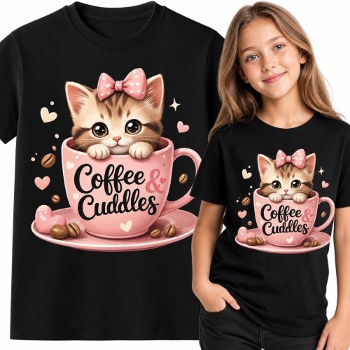 Koszulka dziewczęca z kotkiem w filiżance i napisem „Coffee &amp; Cuddles” - kawaii