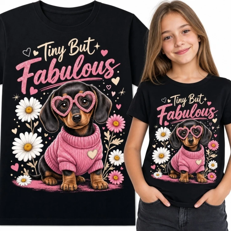 Koszulka dziewczęca z jamnikiem i napisem „Tiny But Fabulous” - różowy kwiatowy motyw