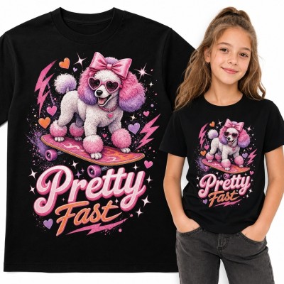 Koszulka dziewczęca z pudlem na deskorolce „Pretty Fast” - różowy wzór retro