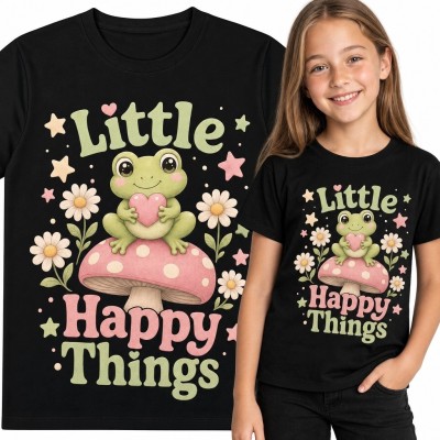 Koszulka dziewczęca z żabką i napisem „Little Happy Things” - pastelowy motyw
