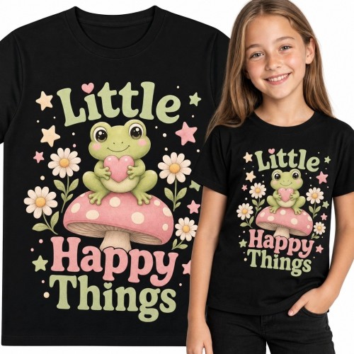 Koszulka dziewczęca z żabką i napisem „Little Happy Things” - pastelowy motyw