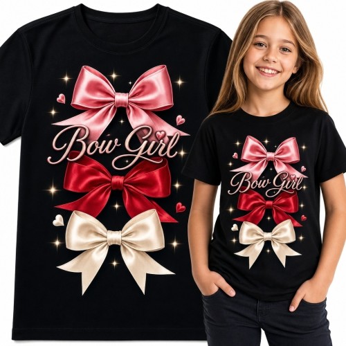 Koszulka dziewczęca „Bow Girl” z trzema kolorowymi kokardami - elegancki wzór