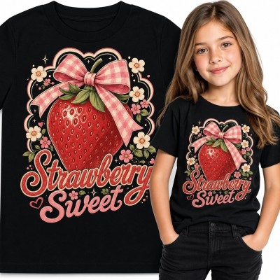 Koszulka dziewczęca z truskawką i kokardą „Strawberry Sweet” - słodki wzór retro