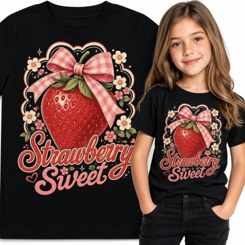 Koszulka dziewczęca z truskawką i kokardą „Strawberry Sweet” - słodki wzór retro
