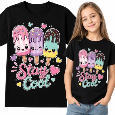 Koszulka dziewczęca „Stay Cool” - trzy lody kawaii z polewą, posypką i pastelowymi sercami