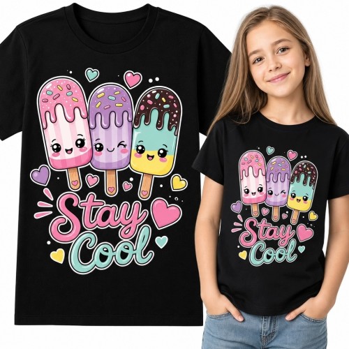 Koszulka dziewczęca „Stay Cool” - trzy lody kawaii z polewą, posypką i pastelowymi sercami