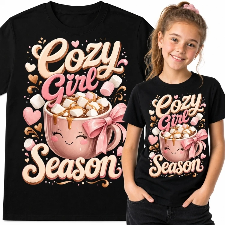Koszulka dziewczęca „Cozy Girl Season” z kubkiem gorącego kakao kawaii