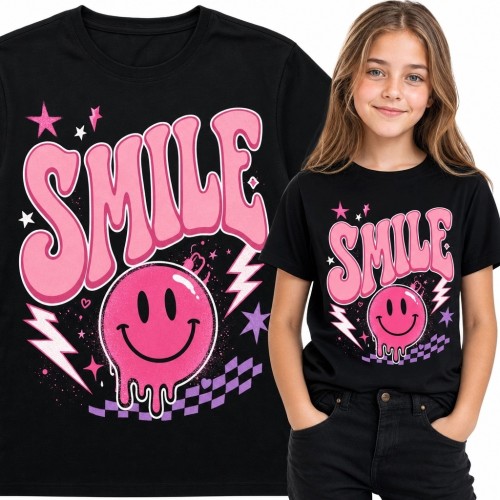 Koszulka dziewczęca z różową buźką smiley i napisem „Smile” - styl retro-pop