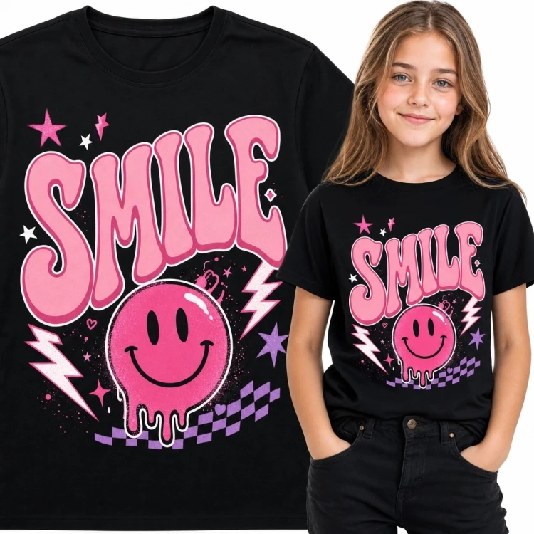 Koszulka dziewczęca z różową buźką smiley i napisem „Smile” - styl retro-pop