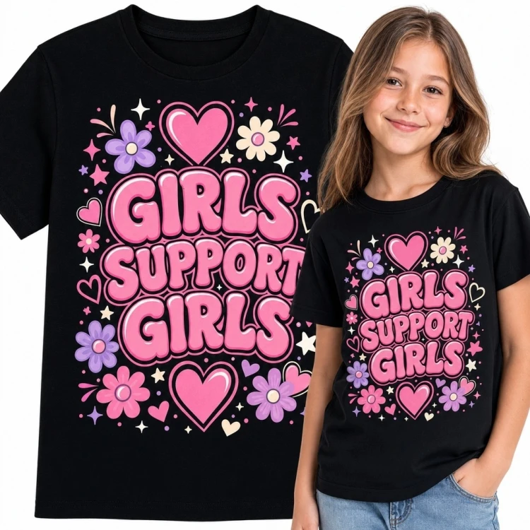 Czarna koszulka dziewczęca z kwiatami i sercami „Girls Support Girls” - motyw przyjaźni