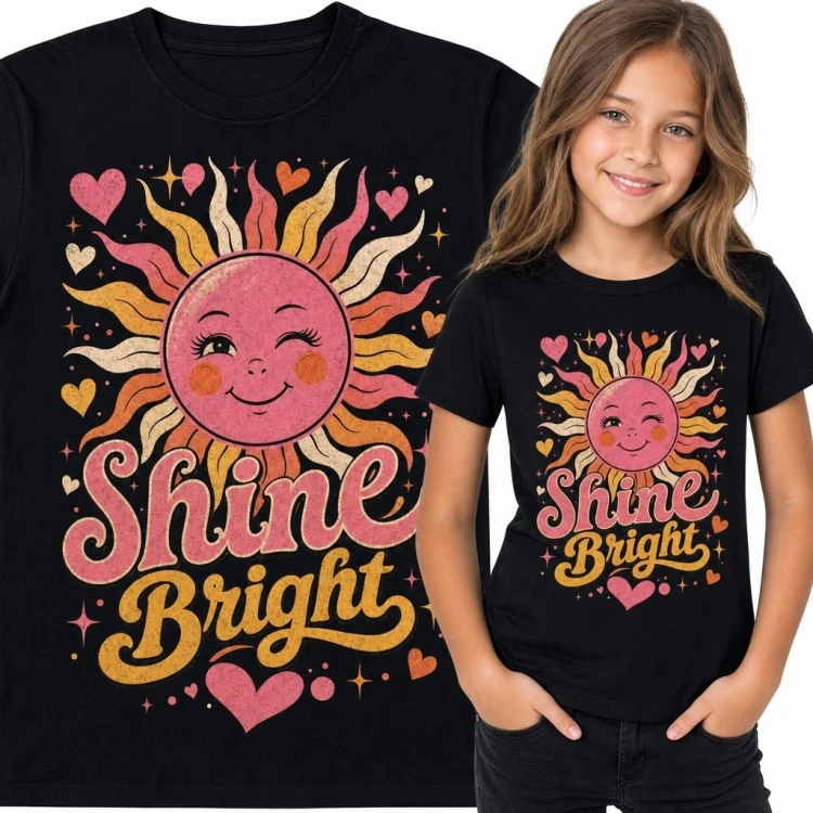 Koszulka dziewczęca ze słońcem „Shine Bright” - kolorowy wzór retro