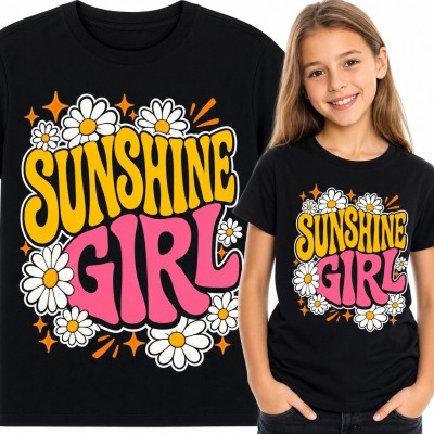 Koszulka dziewczęca ze stokrotkami „Sunshine Girl” - kolorowy nadruk retro