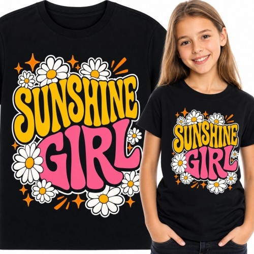 Koszulka dziewczęca ze stokrotkami „Sunshine Girl” - kolorowy nadruk retro