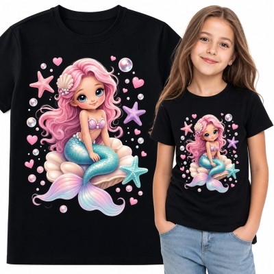 Koszulka dziewczęca z pastelową syrenką na muszli - morski motyw kawaii
