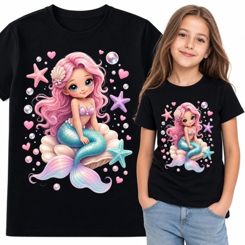 Koszulka dziewczęca z pastelową syrenką na muszli - morski motyw kawaii
