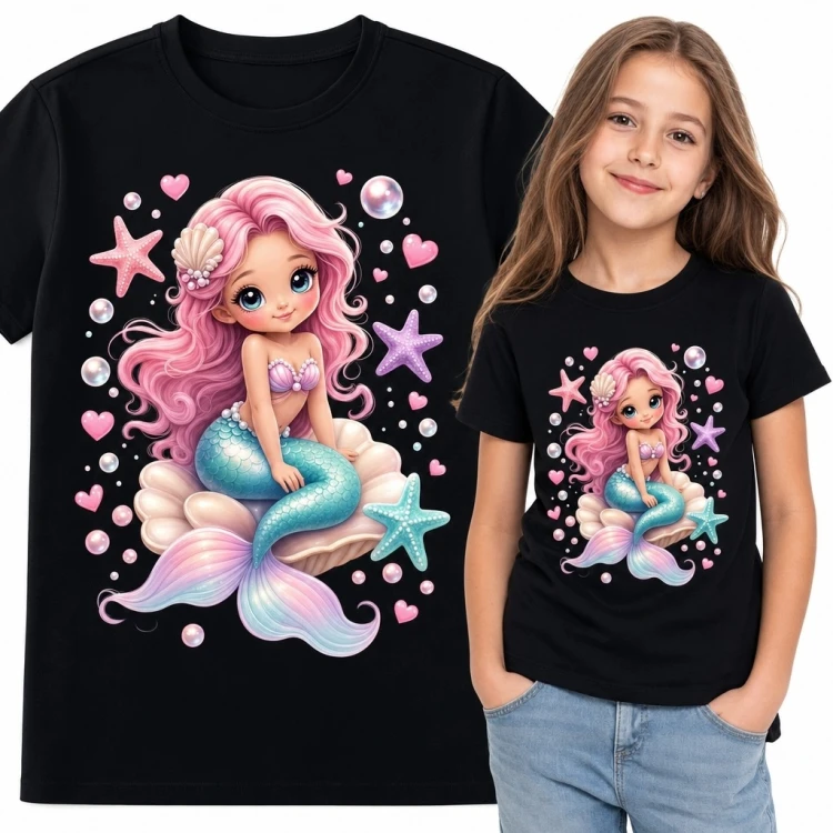 Koszulka dziewczęca z pastelową syrenką na muszli - morski motyw kawaii