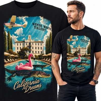 Koszulka męska „California Dreams” - retro kurort z aligatorem i flamingiem
