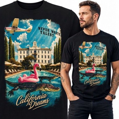 Koszulka męska „California Dreams” - retro kurort z aligatorem i flamingiem