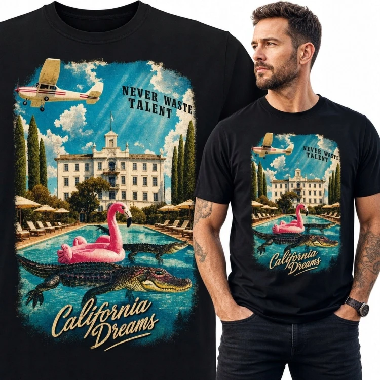 Koszulka męska „California Dreams” - retro kurort z aligatorem i flamingiem