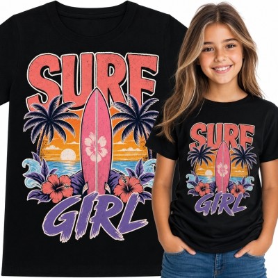 Koszulka dziewczęca z deską surfingową „Surf Girl” - tropikalny motyw retro