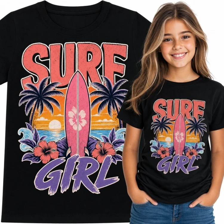 Koszulka dziewczęca z deską surfingową „Surf Girl” - tropikalny motyw retro