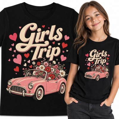 Koszulka dziewczęca „Girls Trip” - różowy kabriolet retro z kwiatami