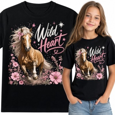 Koszulka dziewczęca z galopującym koniem i kwiatami „Wild Heart”