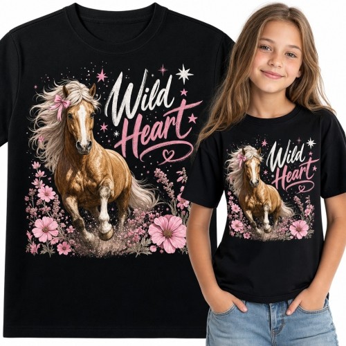 Koszulka dziewczęca z galopującym koniem i kwiatami „Wild Heart”