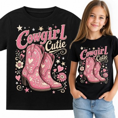 Koszulka dziewczęca western z różowymi kowbojkami „Cowgirl Cutie” - retro motyw