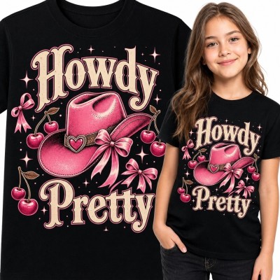 Koszulka dziewczęca „Howdy Pretty” - różowy kapelusz kowbojski