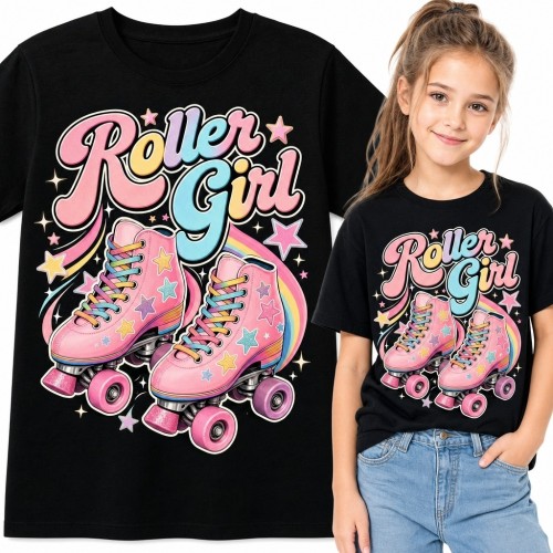 Koszulka dziewczęca „Roller Girl” z różowymi wrotkami - styl retro