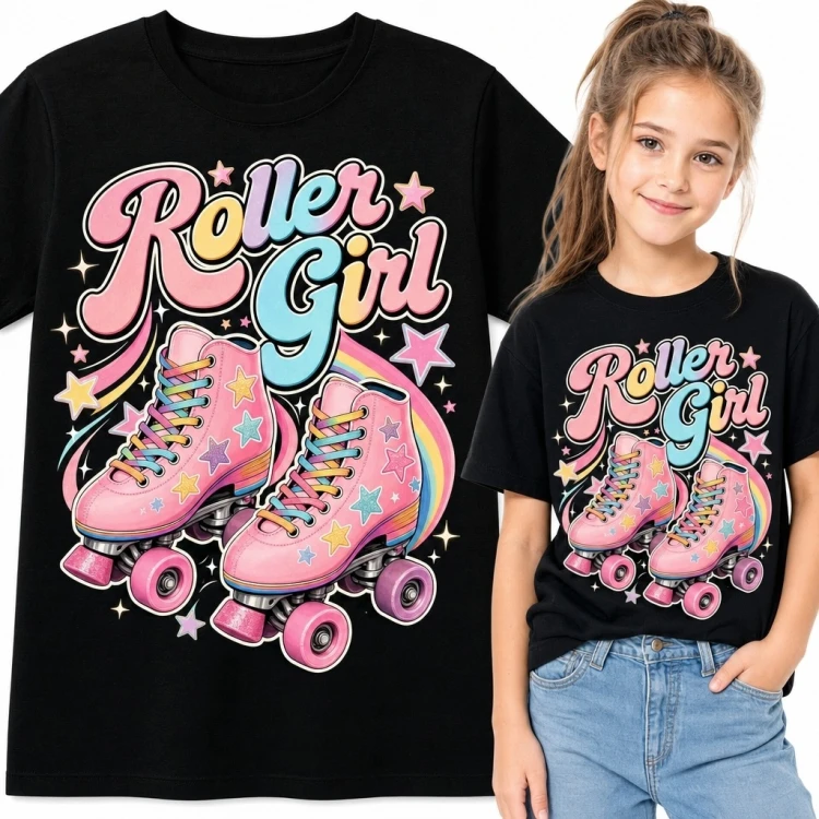 Koszulka dziewczęca „Roller Girl” z różowymi wrotkami - styl retro